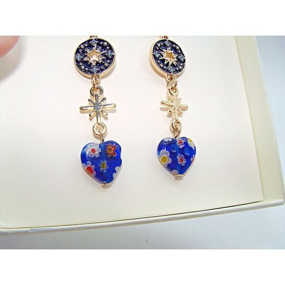NIB C&C California Blue Gold Moon Stars Glass Beaded Heart Dangle Earrings - Picture 8 of 11